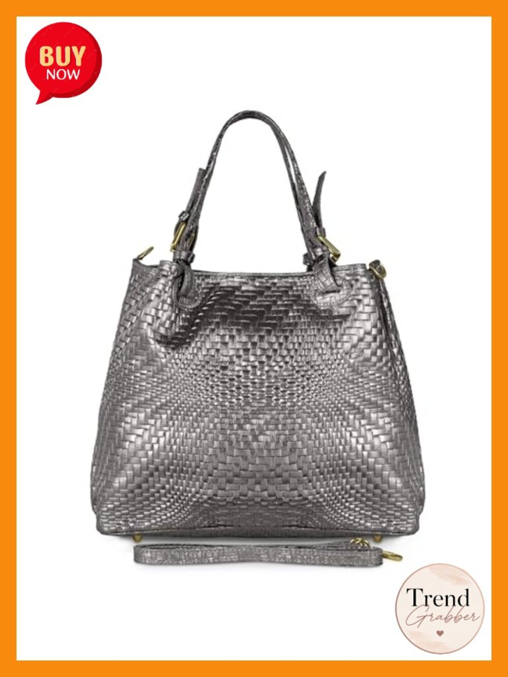 Italian Genuine Suede Top-Handle Bag with Metallic Grid Texture & Removable
